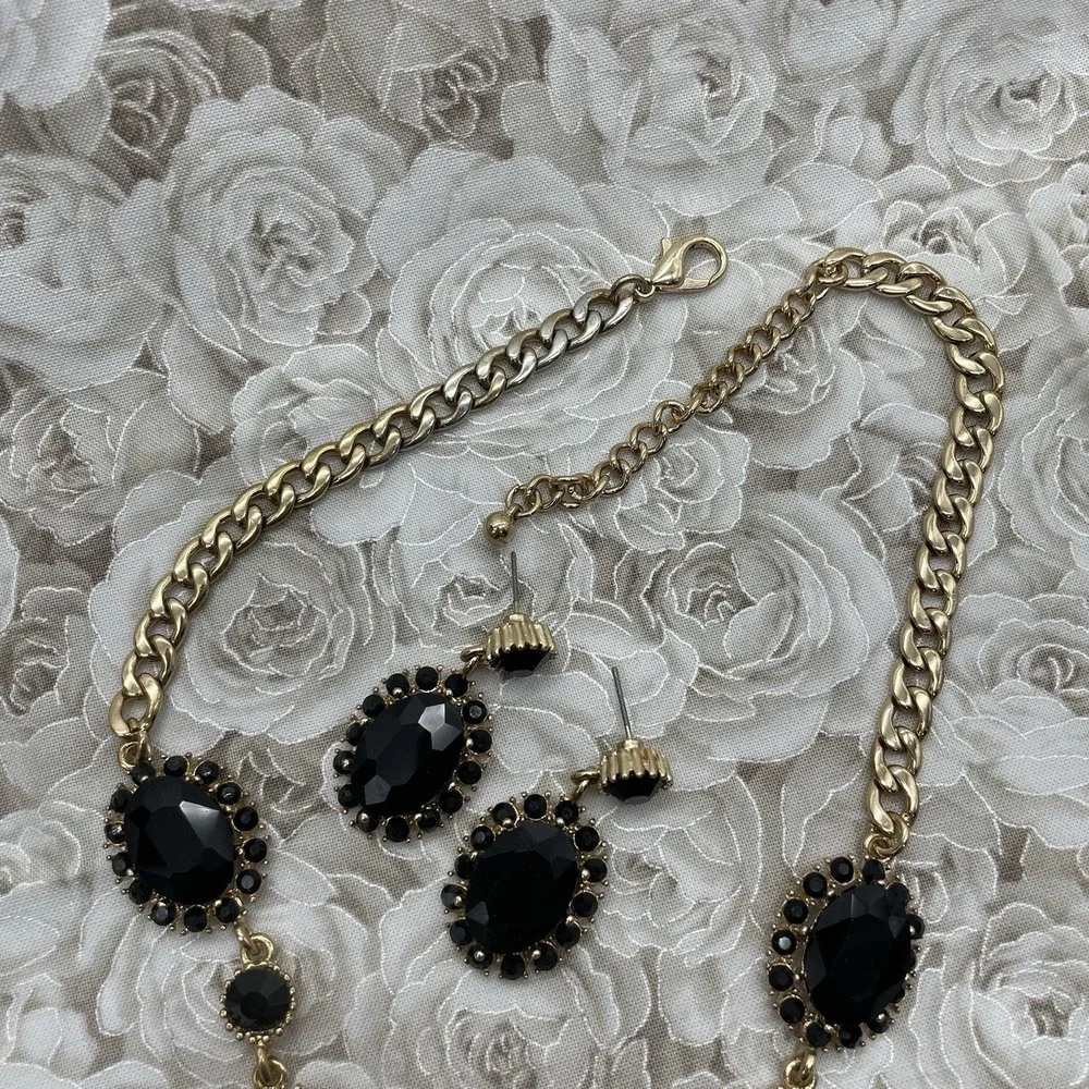 Necklace‎ & Dangle Earrings Gold Tone Black Faceted Teardrop Adjustable Fashion